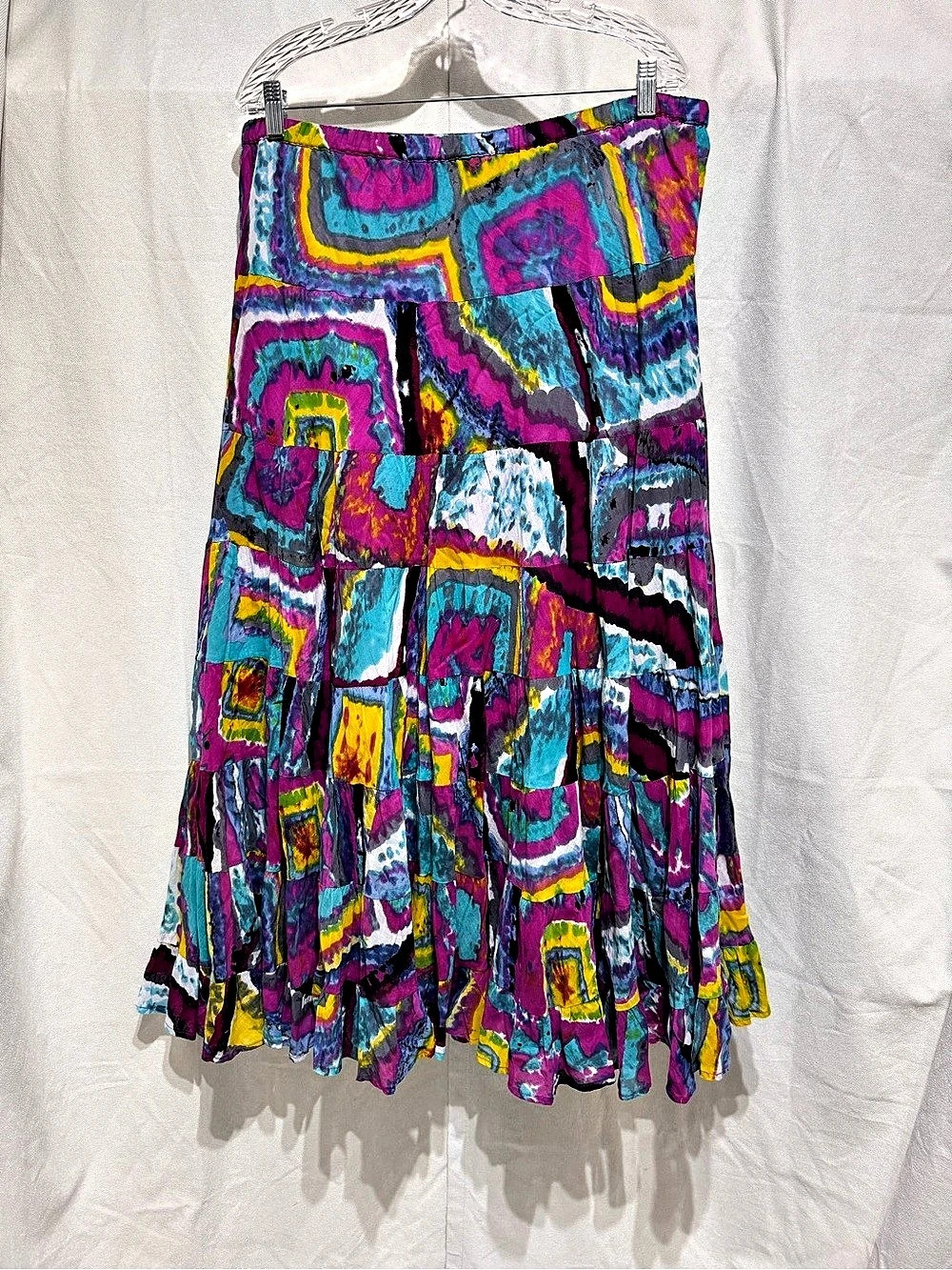 Y2K ~ NY Collection Vibrant Skirt Patchwork Geometric Peasant Tiered Ruffle Boho